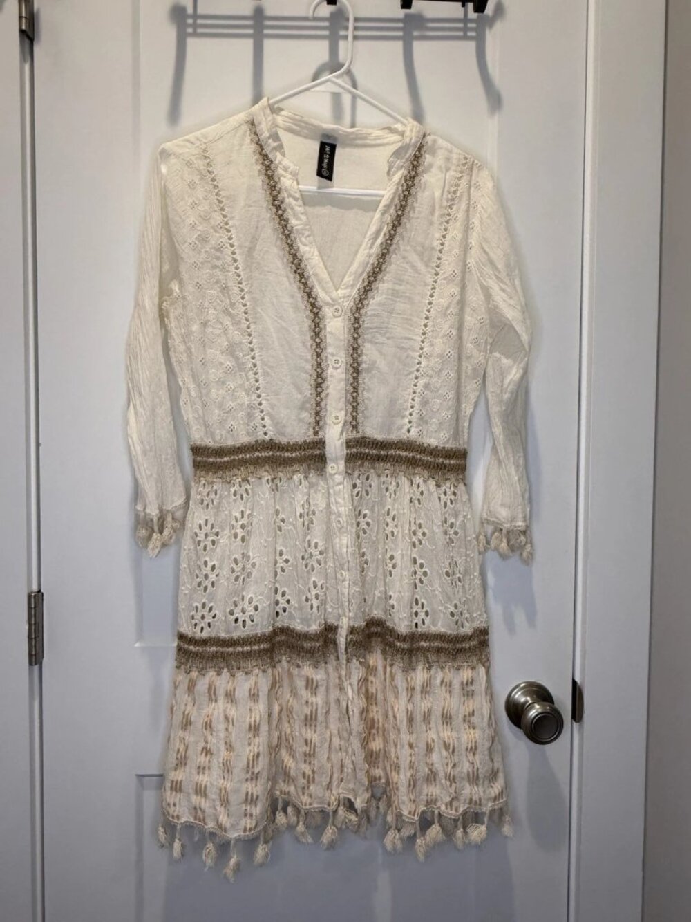 Me 2 Magic Boho Cream Embroidered eyelets Button mini gauzy Dress